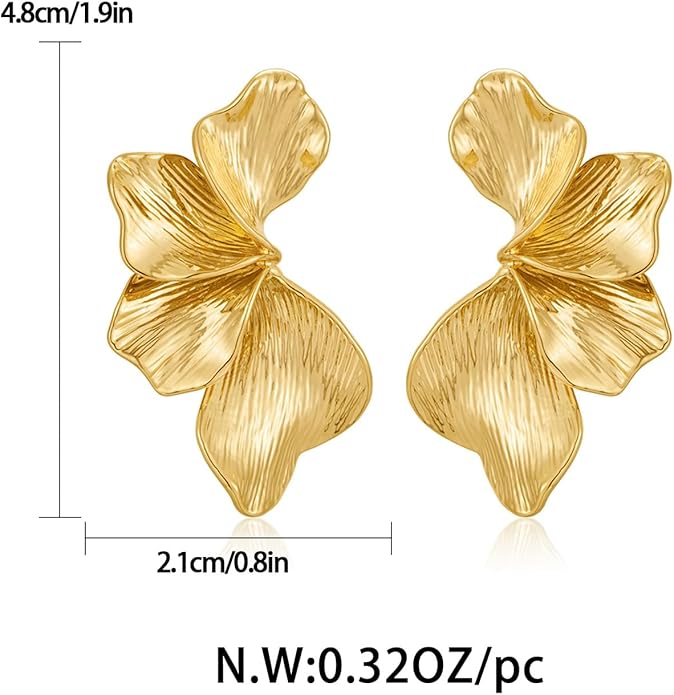 Chunky Gold Statement Earrings For Women Gold Plated Sectored Flower Leaf Shell Angel Wing Earrings Trendy Boho Jewelry For Women Large Stud Earrings Hypoallergenic Earrings