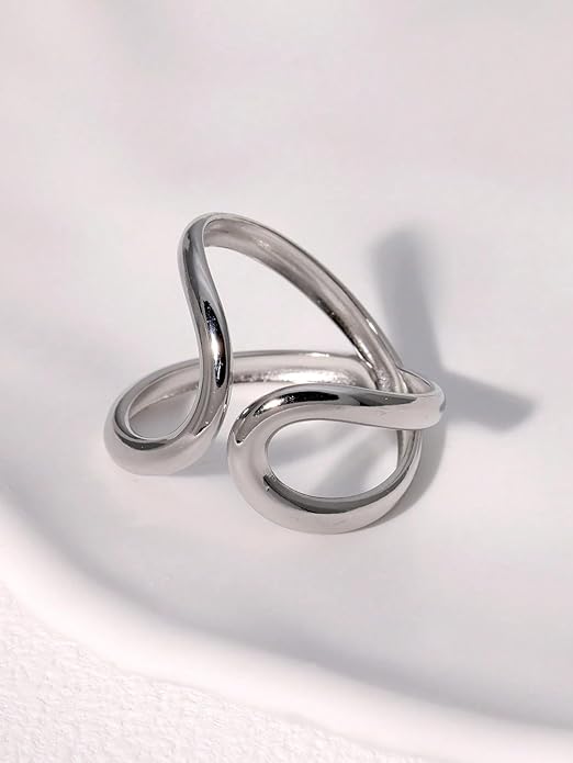 Chunky Rings For Women, Gold Silver Thumb Ring Asymmetrical Wavy Curve Ring Adjustable Non Tarnish Dainty Stainless Steel New Year Anniversary Birthday Jewelry Gift