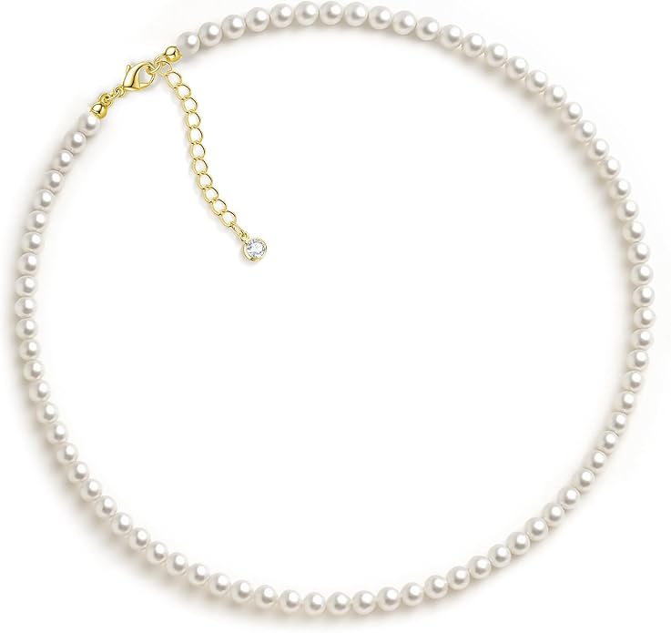 Zeffy Pearl Necklace 4MM/6MM/8MM Dainty Round Imitation Pearl Choker Necklace Wedding Pearl Necklace Delicate Jewelry for Women Simple Bridesmaid Jewelry Gifts