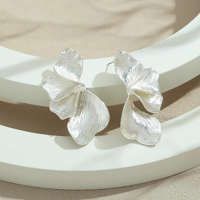 Chunky Gold Statement Earrings For Women Gold Plated Sectored Flower Leaf Shell Angel Wing Earrings Trendy Boho Jewelry For Women Large Stud Earrings Hypoallergenic Earrings