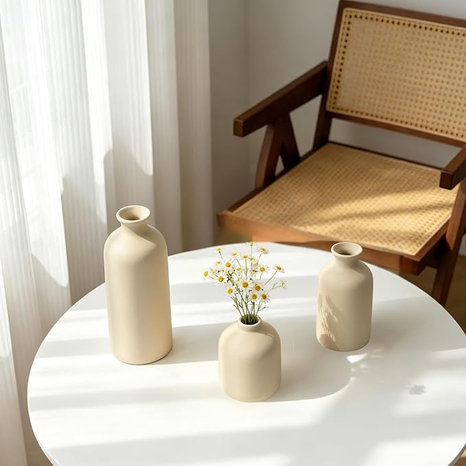Small Ceramic Vase Set of 3, Modern Boho Farmhouse Flowers Vases | Decorative - Image 3