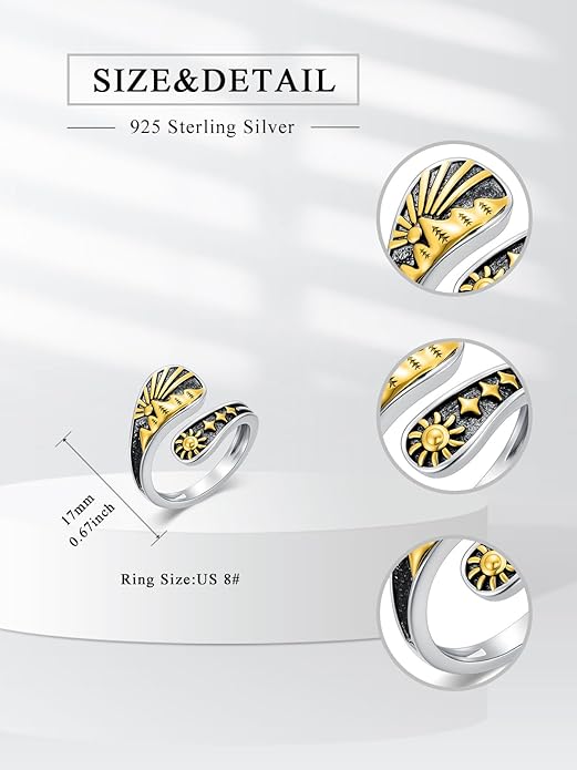 Midari Sun and Moon/Bee/Celtic/Life of Tree/Lotus Spoon Ring for Women 925 Sterling Silver Adjustable Ring Open Ring for Women Men Halloween Birthday Gift