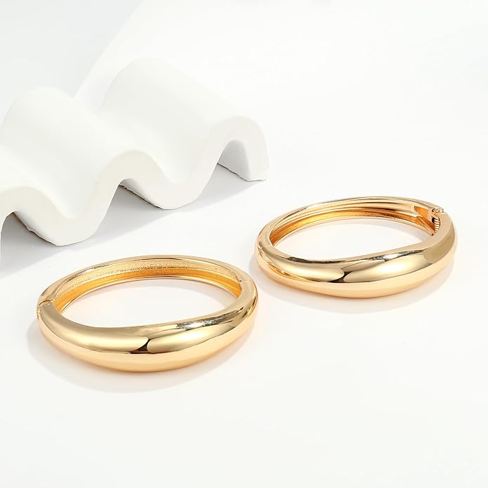 2Pcs Bangle Bracelets for Women Gold Arm Cuff 14k Gold Plated Chunky Gold Bangle Set Hinged Cuff Bracelets Trendy Arm Cuff Jewelry for Women