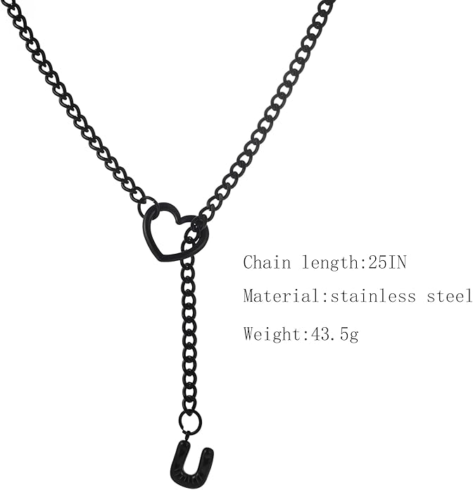 Black Heart Slip Chain Initial Necklaces for Women,Stainless Steel O-Ring Adjustable Lariat Heart Y-Necklace,Punk Gothic Cuban Collar Choker Necklace for women