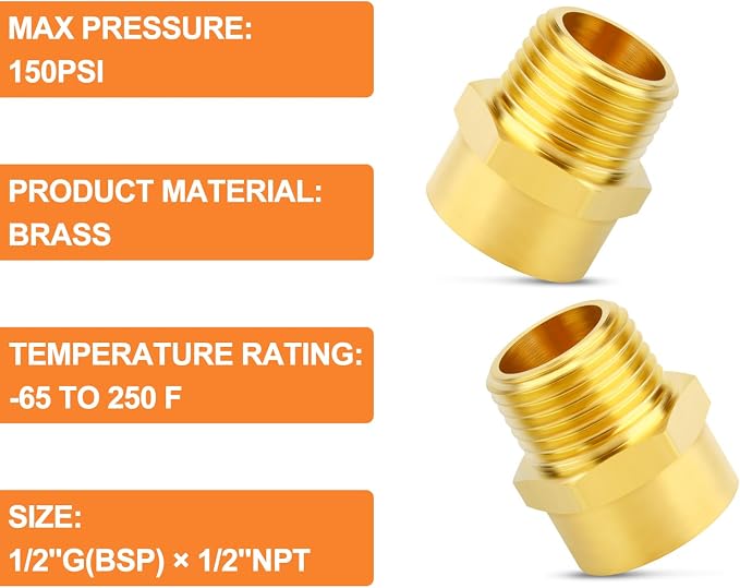 GASHER 2Pcs 1/2" G Thread Female × 1/2" NPT Thread Male Brass Pipe Fitting - Image 5