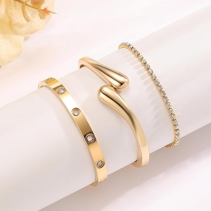 PDWZNBA 18K Gold-Plated Bracelet Set – Floral Clover, Tennis, Chunky Adjustable Twist Cuff, Classic Gold-plated Bangle Stainless Steel, Non Tarnish, Stackable Bracelet Gift for Women