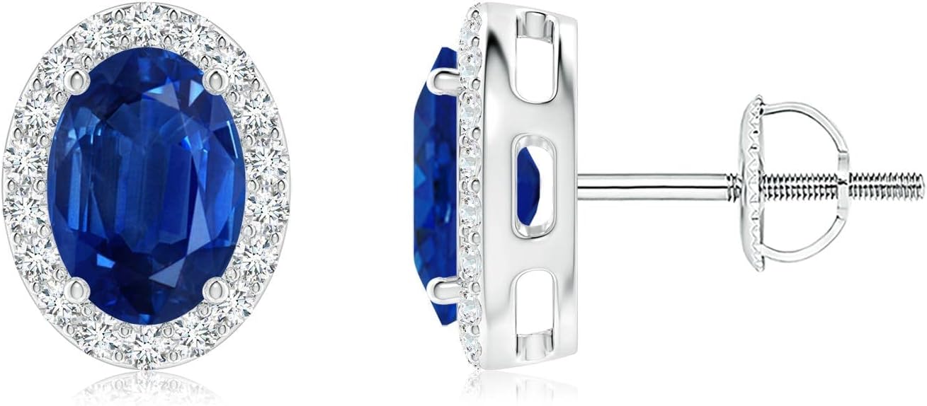 ANGARA Natural Blue Sapphire Earrings for Women | Prong-Set Oval Blue Sapphire Stud Earrings with Diamond Halo in 14K Solid Gold/Platinum | September Birthday, Anniversary, Gemstone Jewellery Gift