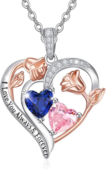 Valentine's Day Gifts for Wife 925 Sterling Silver Double Birthstone Pendant Necklaces I Love You for Always and Forever Necklace Anniversary Birthday Gifts for Wife Girlfriend Mom Her