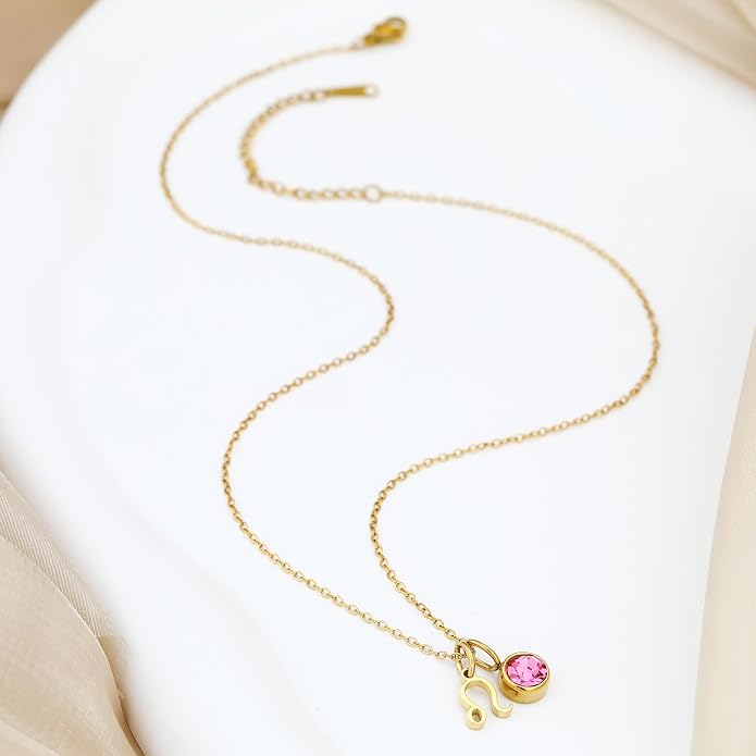 MISS RIGHT Initial Birthstone Necklace for Women - Personalized Gifts Birthday Gifts for Women Stainless Steel 18K Gold Plated Dainty Gold Zodiac Sign 12 Constellation Horoscope Necklace Jewelry