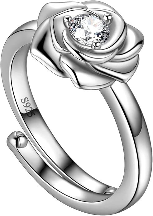 925 Sterling Silver Rose Flower Ring - Adjustable, Elegant Promise Ring for Women & Girls - Perfect for Birthday & Wedding Gifts
