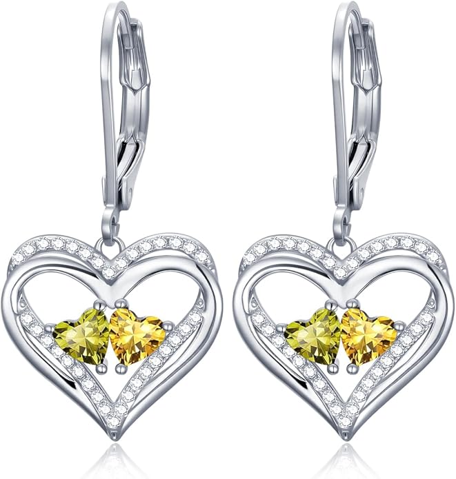 Valentines Day Gifts for Women, Heart Leverback Earrings Double Birthstone Dangle Earrings for Women, Love Jewelry for Her, Anniversary Birthday Gift for Mom Wife Girlfriend