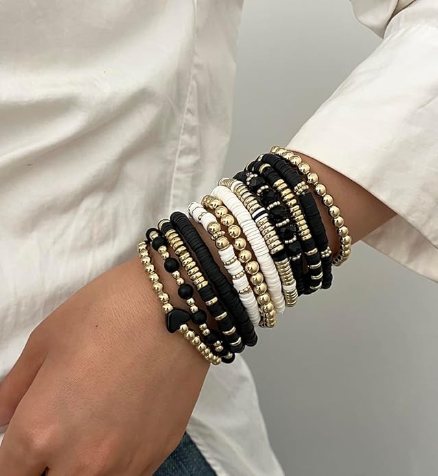 iF YOU 13pcs Heishi Clay Beaded Stretch Bracelets for Women, Boho Gold Surfer Stackable Bracelet Stacks White Brown Black Beach Jewelry