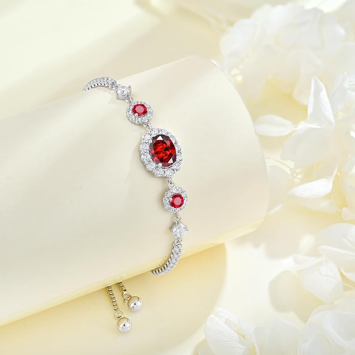 925 Sterling Silver Birthstone Bracelets for Women, Adjustable Halo Cubic Zirconia CZ Bracelet Anniversary Birthday Jewerly for Mom Wife
