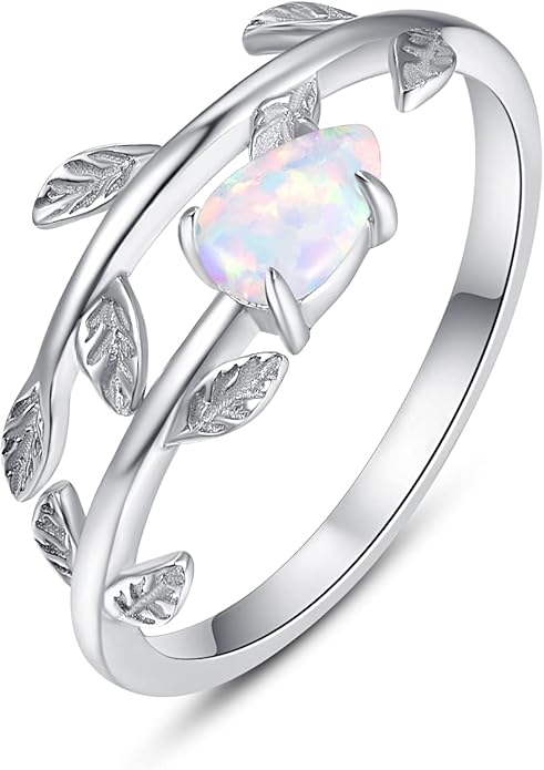 PRAYMOS 925 Sterling Silver Leaf Ring White Opal Moonstone Rings Adjustable Open Ring for Women with Jewelry Box Size 7-9