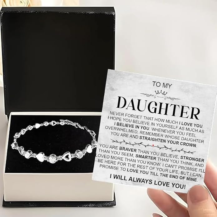 To My Daughter Bracelet, Silver Heart Chain Bracelet with Shiny Stones, Perfect Birthday or Graduation Christmas Gift for Daughter with Message Card Gift Box