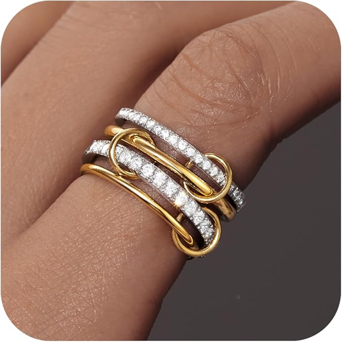 Gelbesty Stackable Gold Silver Band Rings for Women, Statement Chunky Cubic Zirconia Rings, Fashion Unique Designer Mixed Metal Jewelry Size 5/6/7/8/9/10/11