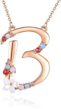 Flower Initial Letter Necklace Pink Red Blue Simulated Pearl Pendant Name Jewelry Made with Austrian Crystals Rose Gold Plated Anniversary Birthday Gifts for Women,18"+2"