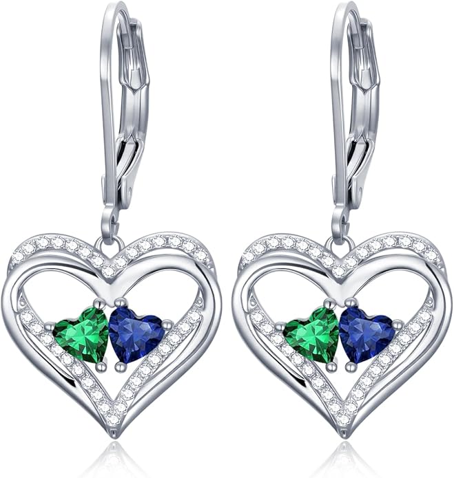 Valentines Day Gifts for Women, Heart Leverback Earrings Double Birthstone Dangle Earrings for Women, Love Jewelry for Her, Anniversary Birthday Gift for Mom Wife Girlfriend