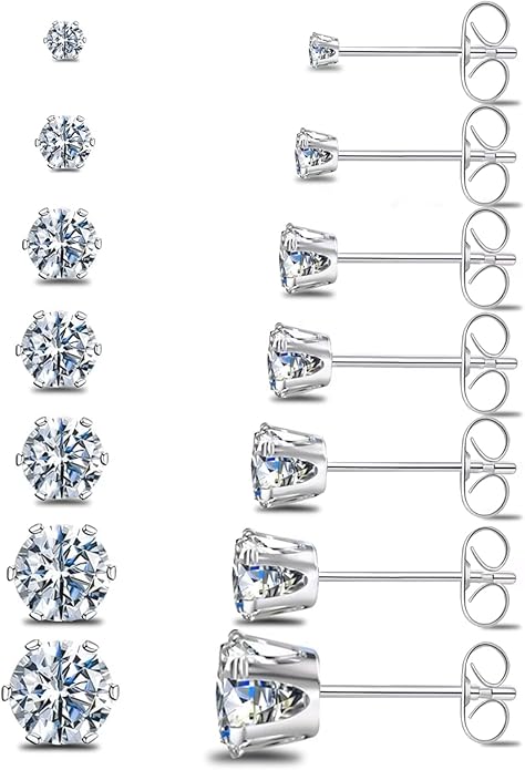 Silver Gold Black Stud Earrings Set 7Pairs Hypoallergenic Cubic Zirconia Titanium Stainless Steel Silver Rose Gold Black CZ Cartilage Stud Earrings Jewelry Sets for Women Men, 2-8mm CZ Stud Earrings