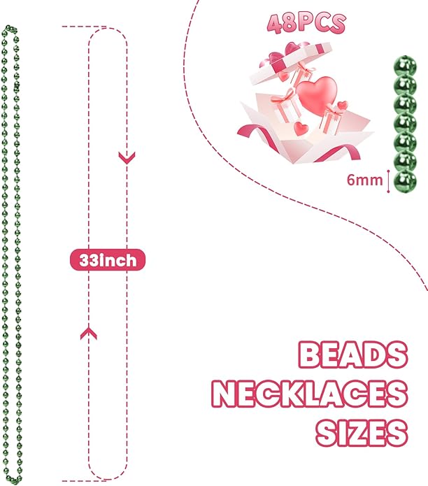 Mardi Gras Beads Necklaces, 33 Inch Plastic Beads for Party Favors, Festival Decorations, Parade Throws, Christmas, St. Patrick's Day Celebrations