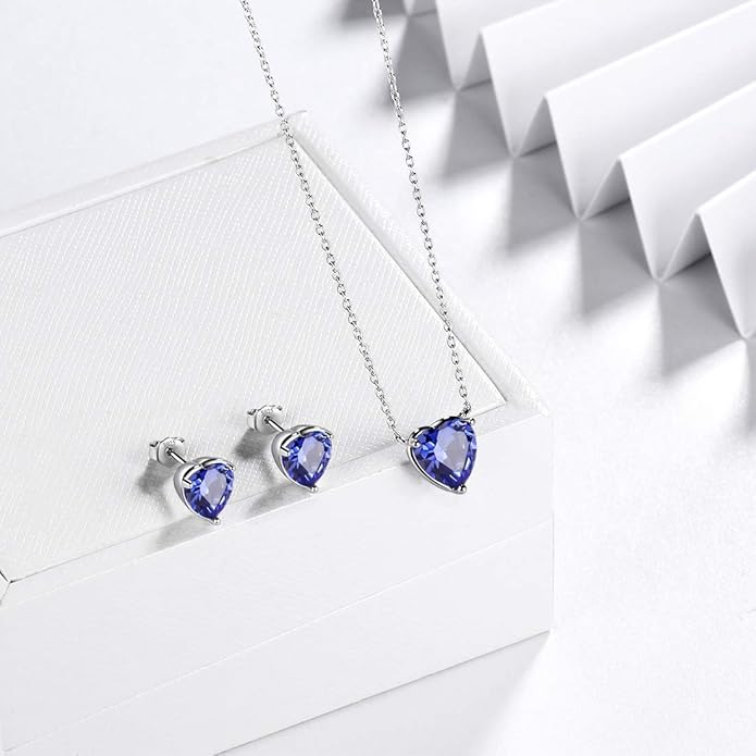 Aurora Tears Hearts Necklace Earrings Jewelry Sets - Women 925 Sterling Silver Birthstone Pendants Earrings Set Crystal Wedding Birthday Jewelry