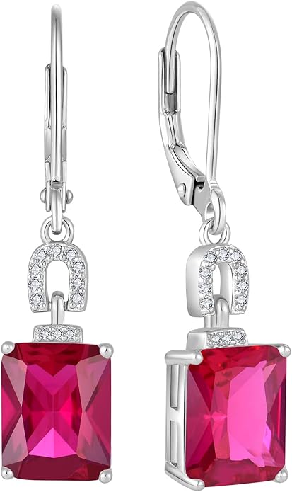 Emerald Cut Earrings 925 Sterling Silver Baguette Birthstone Dangle Drop Leverback Earrings Jewelry Gifts for Women