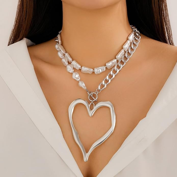 Chunky Gold Heart Necklace for Women,Y2K Big Heart Statement Necklace Long Puffy Hearts Chain Charm Necklaces Trendy Jewerly