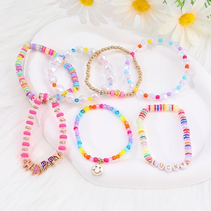 Bohemian Colorful Beaded Bracelets for Women Boho Stackable Natural Stone Letter Clay Glass Beads Stretch Bracelet Set with Charm, Cute Rainbow Friendship Bracelets for Summer Vacation
