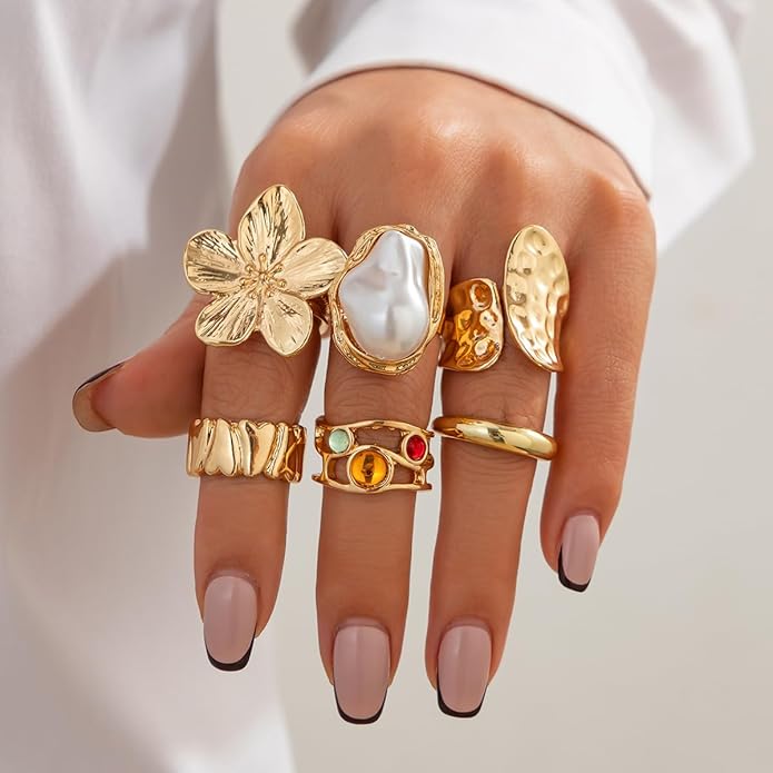 CJIAYUJEW Chunky Gold Flower Rings Pearl Stacking Statement Rings for Women Silver Chunky Knuckle Ring Set Adjustable Pearl Finger Ring Sets