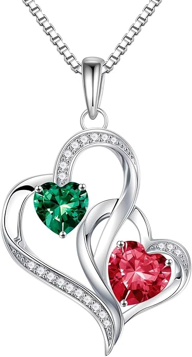 Iefil Valentines Day Gifts for Her - 925 Sterling Silver Double Birthstone Necklace, Heart Necklaces for Women, Anniversary Birthday Gifts, Personalized Jewelry Gift for Wife Mom Girlfriend