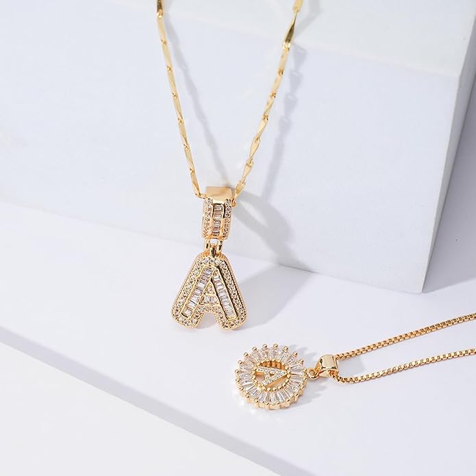 Letter Necklace 14k Gold Plated Bling Dainty Necklaces Trendy Chunky Custom Name Necklace Personalized Round Circle Pendant Zirconia Letters Name Crystal Jewelry Gifts for Women