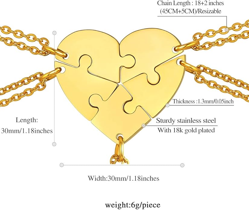 FindChic Personalized Matching BFF Necklace for 2/3/4/5/6 Puzzle Name Heart Pendant Stainless Steel Couple Necklace Set Customized Necklaces for Teen Girls