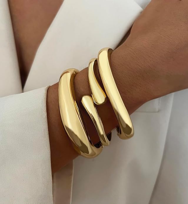 Chunky Gold Bangle Bracelets for Women, Dainty 14k Gold Plated Big Stackable Bangles Set, Trendy Statement Cuff Bracelet Stack Fashion Jewelry Christmas Gifts