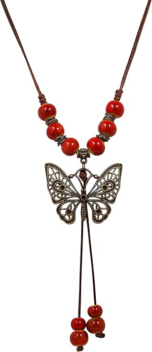 MINACHI Hippie Boho Colorful Ceramic Bead Butterfly Charm Pendant Y Necklace, Vintage Bohemian Statement Jewelry Gift for Women