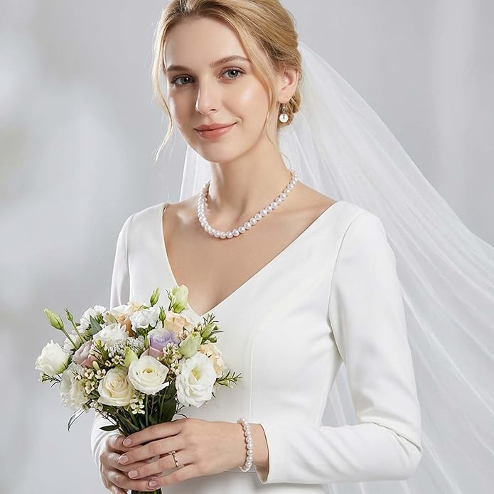 4 Sets Pearl Necklace Bracelet Earrings Set, Classic Faux Pearl Jewelry Set, Pearls Costume Jewelry for Women Brides Bridesmaid Wedding Party