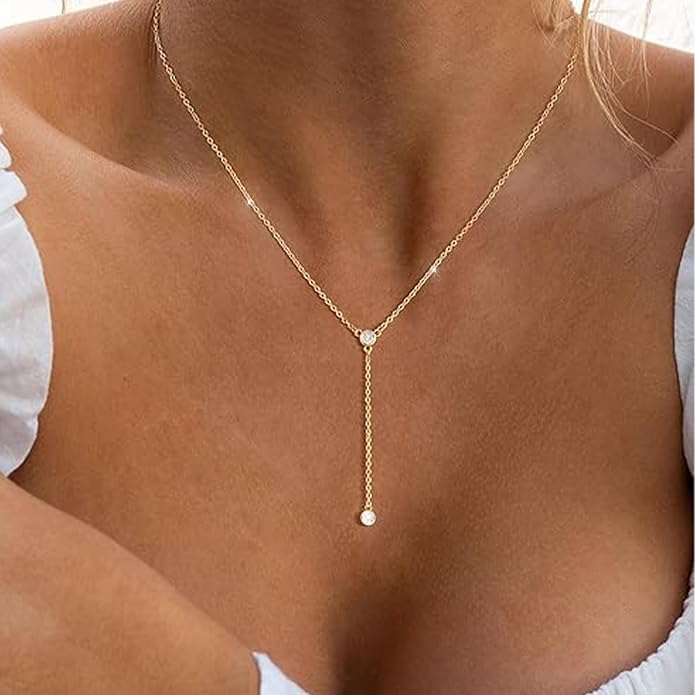 Lariat Gold Necklace for Women, Dainty Long Necklace 14k Gold Plated/Silver Y-Shaped Layered Beaded Chain Drop Necklaces for Women Trendy Simple Gold Jewelry for Women Gifts