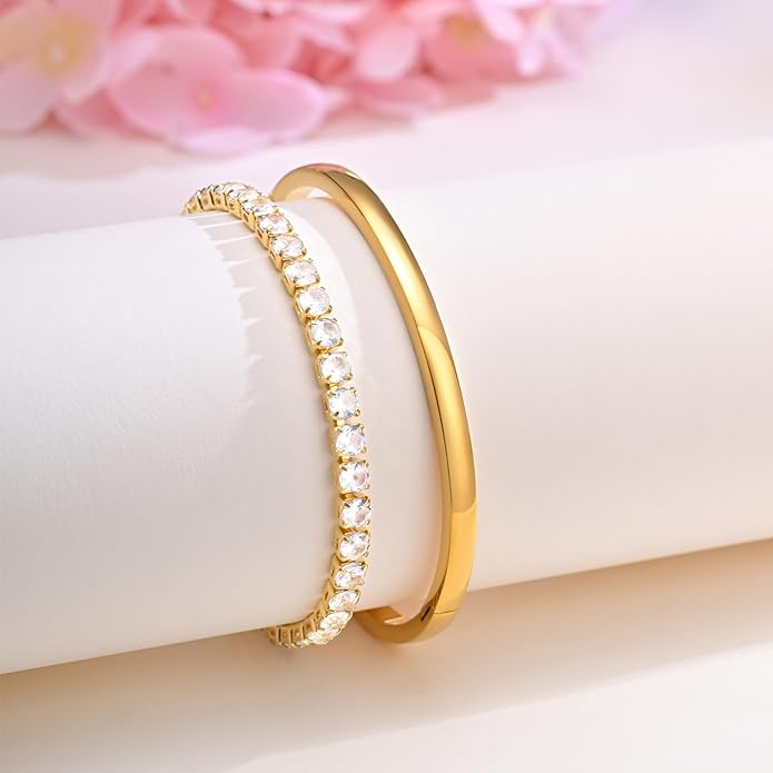 Stackable Gold Bracelets for Women - 2Pcs 18K Gold Plated Cubic Zirconia Bangle Bracelet Friendship Tennis Bracelet Stack Jewelry,Party Christmas Birthday Gifts for Her Girlfriend Sister Wife Daughter
