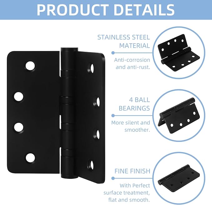 3 Pack Heavy Duty Door Hinges, 4 Inch Ball Bearing Door Hinges Stainless Steel - Image 4