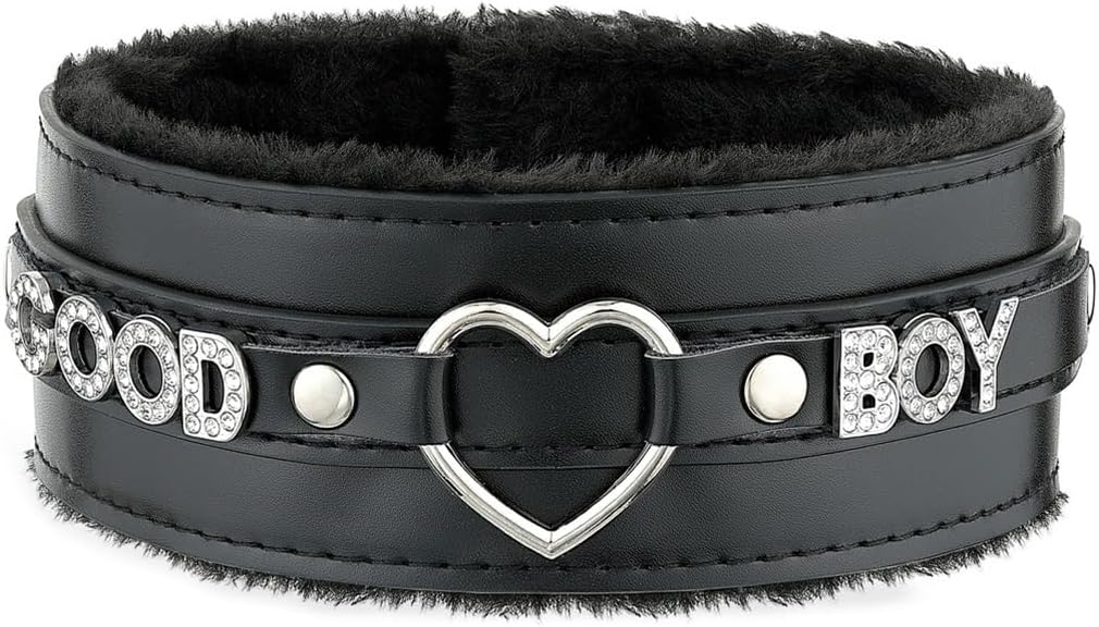 Pink Furry Heart O-ring Leather Choker Collar For Women, Handmade Punk Gothic Letter Necklace Adjustable Fashion Jewelry