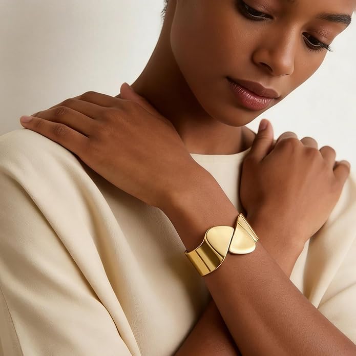 hotoo Chunky Wide Bangle Bracelets For Women Open Gold Bangle Statement Cuff Stainless Steel Stackable Bracelets Thick Jewelry For Christmas Birthday Trendy Gifts