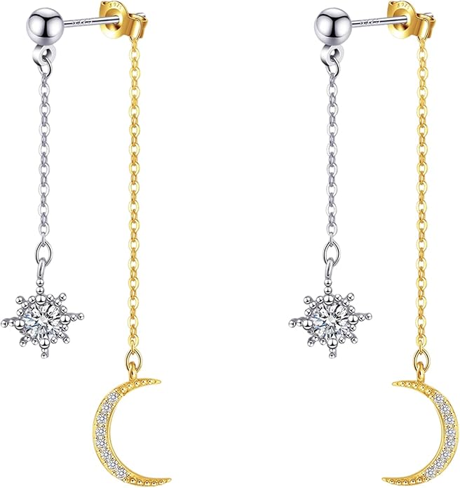 Moon and Star dangle Earrings for Women Chain Tassel with Cubic Zirconia Drop Celestial Jewelry for Wedding Gift