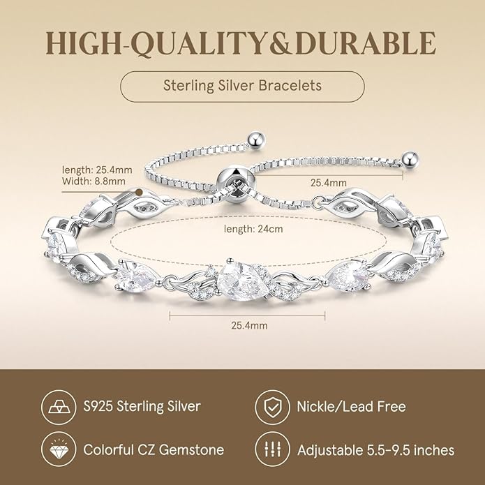 FANCIME Birthstone Teardrop Tennis Bracelet for Women, Sterling Silver 9x7mm main Gemstone Bolo Adjustable Chain Bracelet Fine Jewelry Birthday Gifts for Women Mom Wife Her