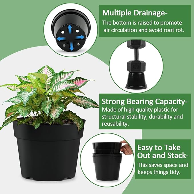 RooTrimmer 4/6/8 Inch Black Plant Nursery Pots, 15 Pack, Thickened Plastic - Image 4