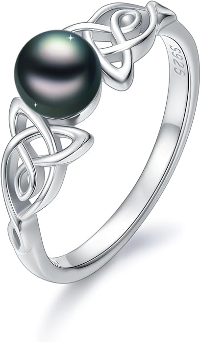 Tahitian Black Pearl AAAA 18K White Gold Plated Sterling Silver Rings for Women Wife Mom Girlfriend Valentine Her Jewelry Gift for Christmas Wedding Anniversary Birthday Graduation
