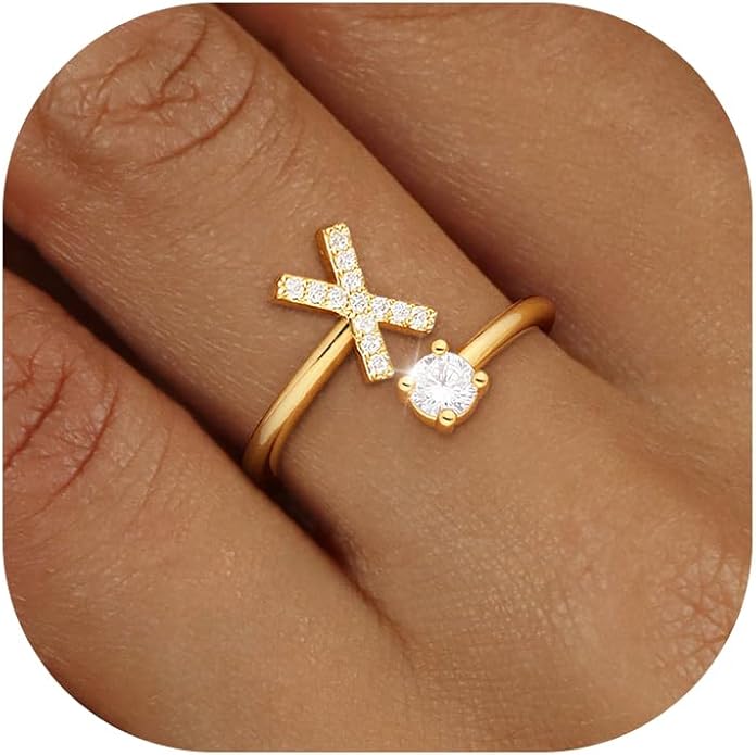 Valentines Day Gifts Gold Silver Initial Rings for Women Non Tarnish Dainty 14k Gold Plated Stackable Rings for Women Trendy Adjustable Letter Cubic Zirconia Pinky Ring Cute Open Birthday Gift Jewelry
