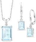 Gem Stone King 9-13 Cttw Pendant and Earrings Jewelry Set For Women | Emerald Cut 14X10MM and 8X6MM | Round 1.5MM | Gemstone Birthstone and Diamond | 925 Sterling Silver | 18 Inch Silver Chain