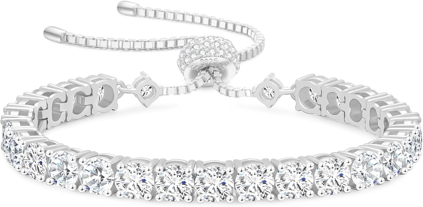 KRKC&CO Moissanite Bolo Tennis Bracelets for Women, 1.6-8.0 ct.tw, Adjustable Length S925 Sterling Silver, Christmas Gifts for Her, Luxury Box, 2/3/4mm D Color VVS1 White/14K/24K/Rose Gold Plated