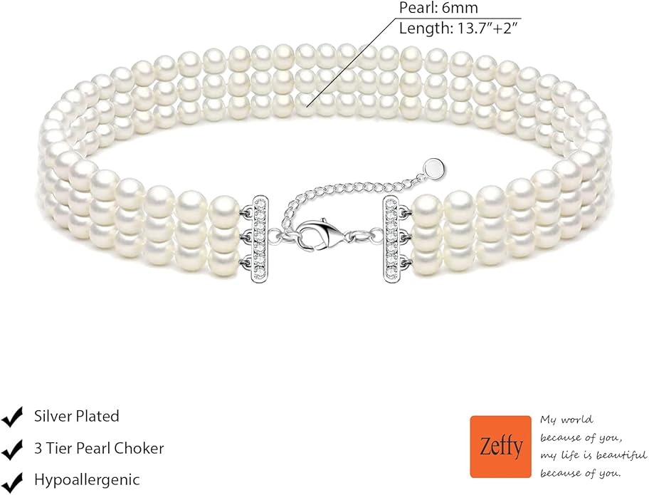Zeffy Pearl Necklace 4MM/6MM/8MM Dainty Round Imitation Pearl Choker Necklace Wedding Pearl Necklace Delicate Jewelry for Women Simple Bridesmaid Jewelry Gifts