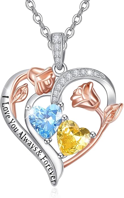 Valentine's Day Gifts for Wife 925 Sterling Silver Double Birthstone Pendant Necklaces I Love You for Always and Forever Necklace Anniversary Birthday Gifts for Wife Girlfriend Mom Her