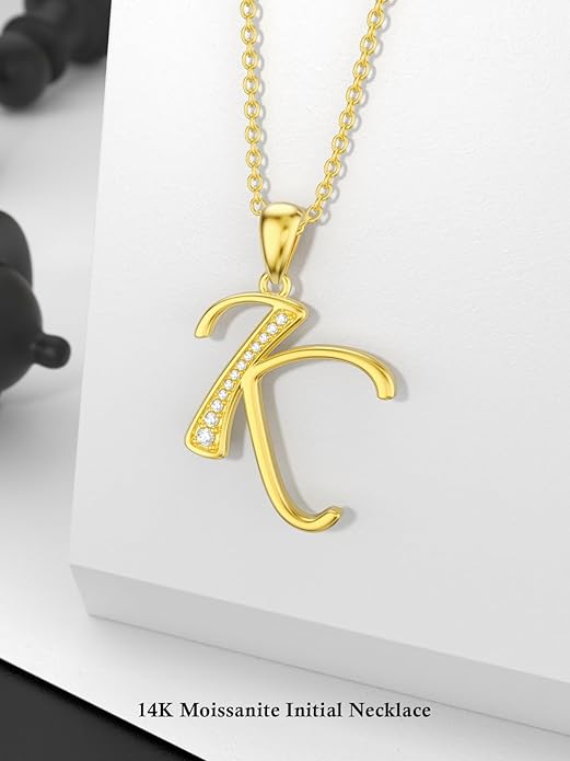14k Gold Initial Necklace for Women, Solid Gold Moissanite Letter Pendant Necklaces Jewelry for Her Birthday Valentines Day Gifts for Mom Wife Christmas Gifts for Girlfriend Sister